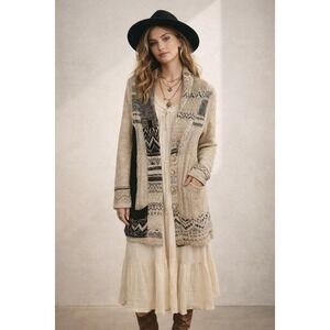 Free People Boho Western Patchwork Chunky Cardigan Sweater Knit Cream Brown S‎